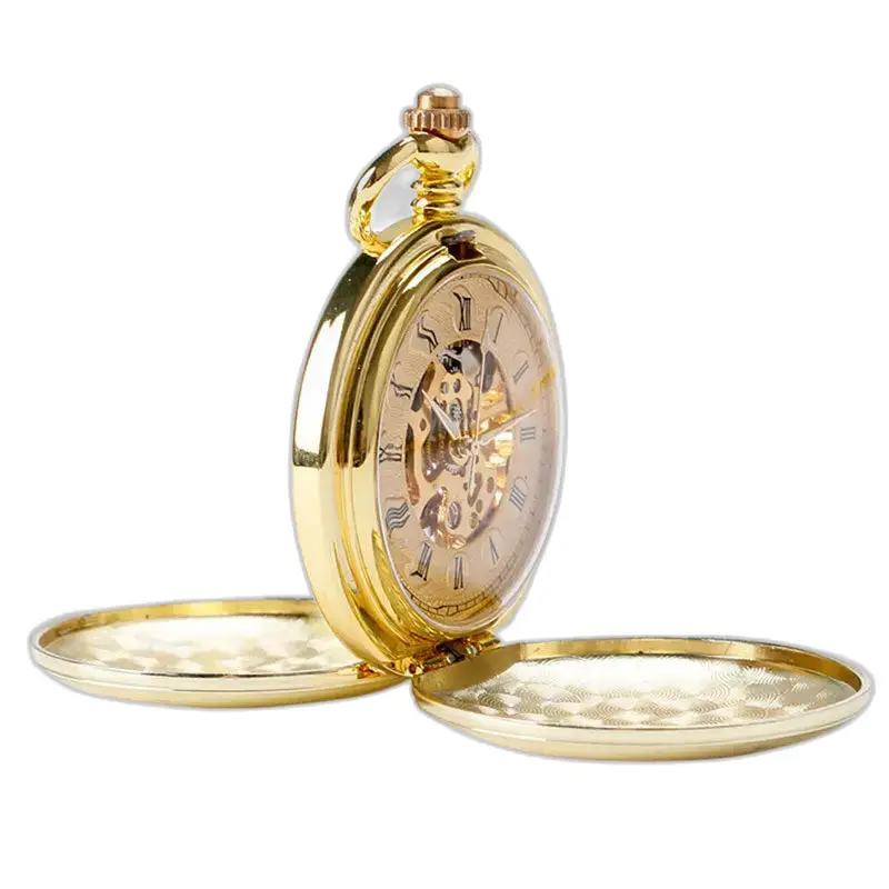 Montre à gousset mécanique lisse noir luxe avec un cadran doré raffiné