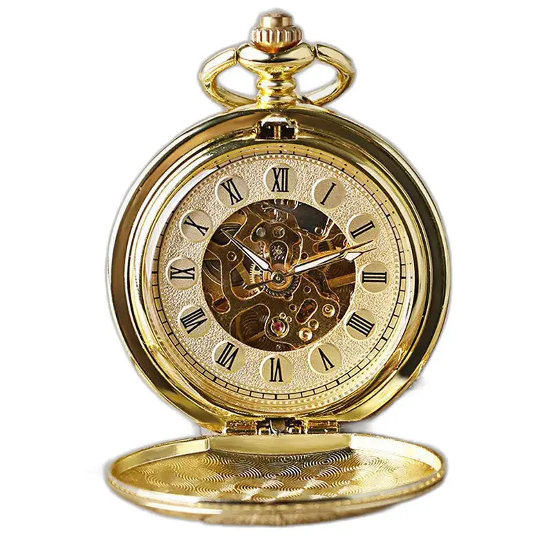 Montre à gousset mécanique lisse noir luxe avec un cadran doré élégant