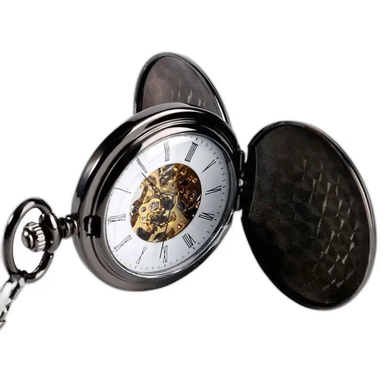 Glad zwart luxe mechanisch zakhorloge met open deksel en elegante afwerking