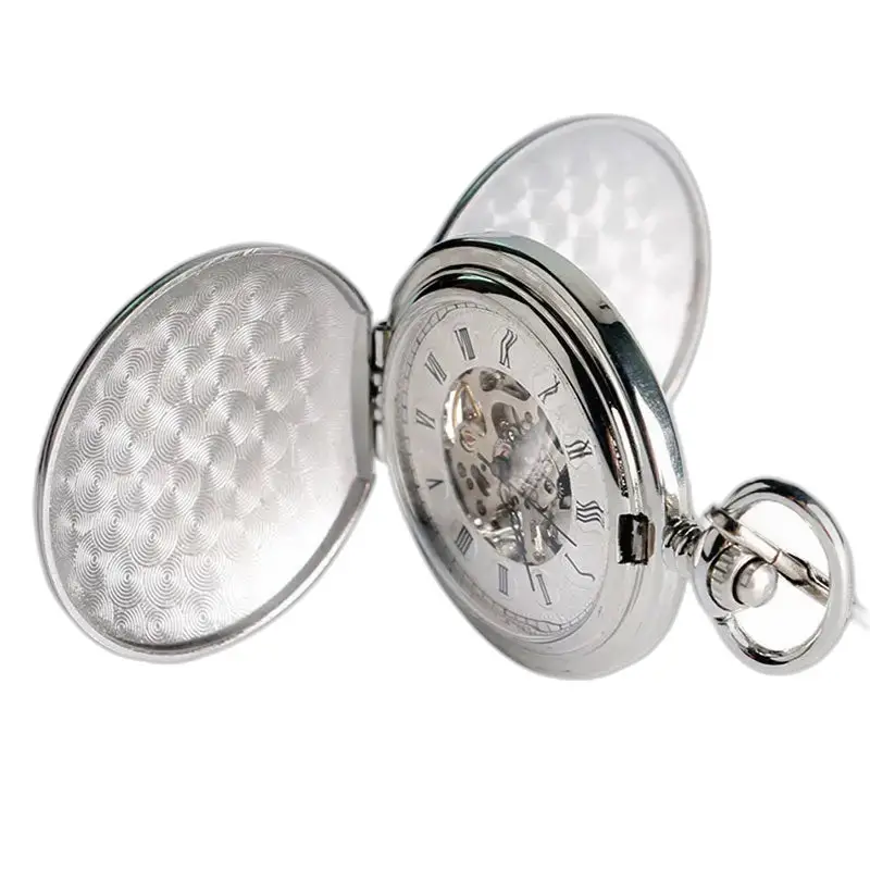 Montre à Gousset Mécanique Lisse Noir Luxe avec cadran ouvert en argent