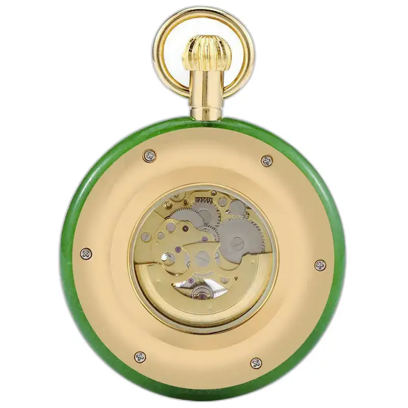 Luxe chique heren mechanisch zakhorloge met zichtbare tandwielen in groen en goud
