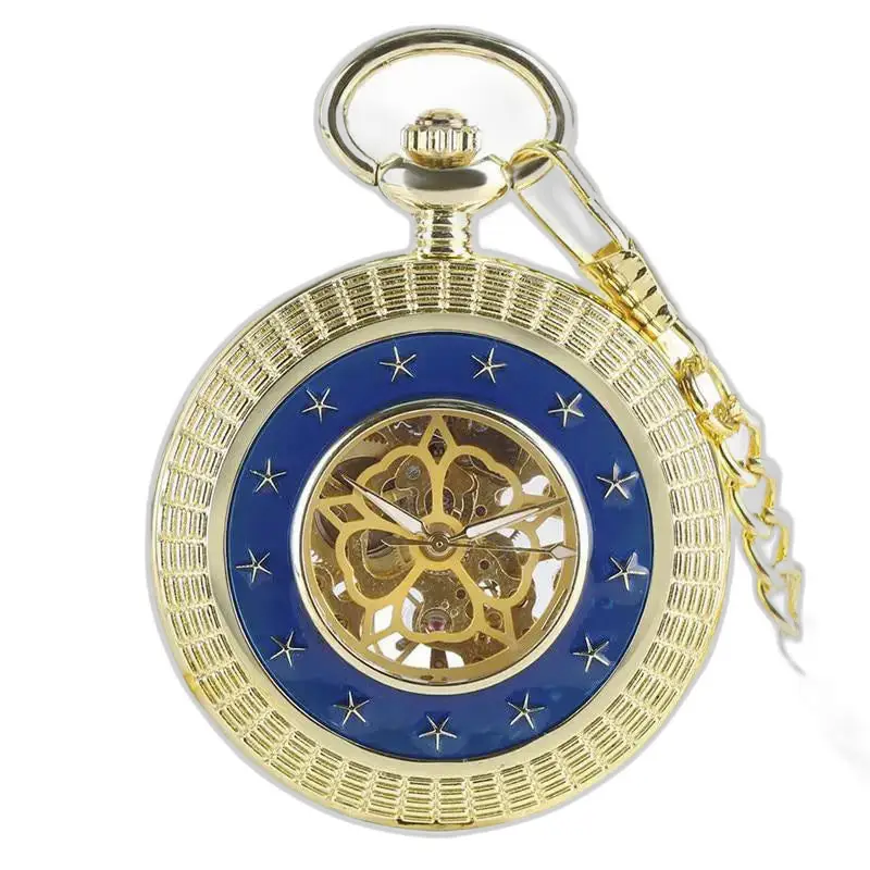 Luxe gouden mechanisch zakhorloge met een blauw en goud mechanisch uurwerk