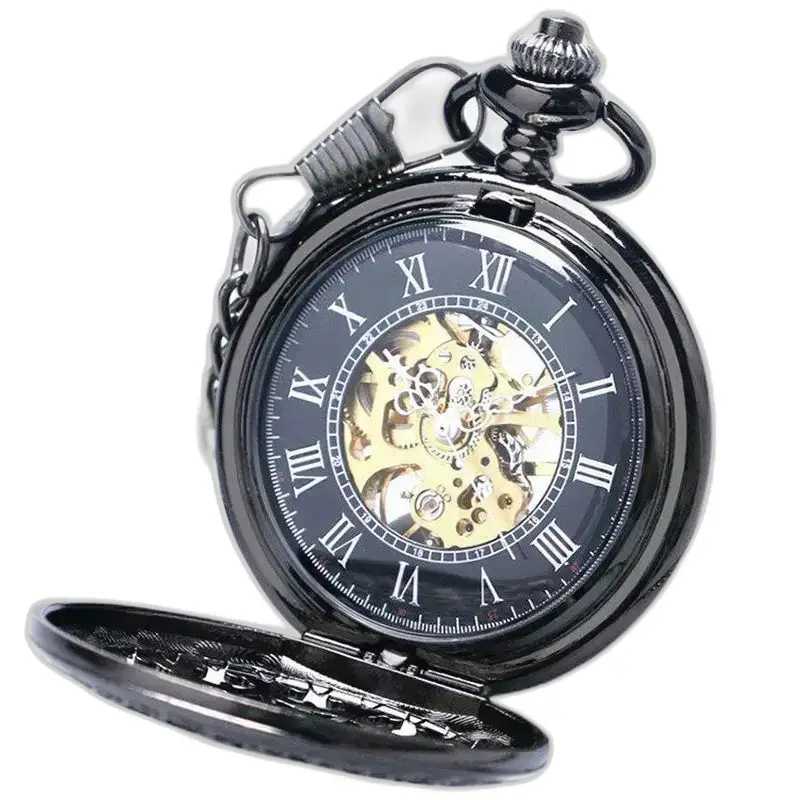 Luxe Steampunk zwart mechanisch opwindbaar zakhorloge met mechanisch uurwerk
