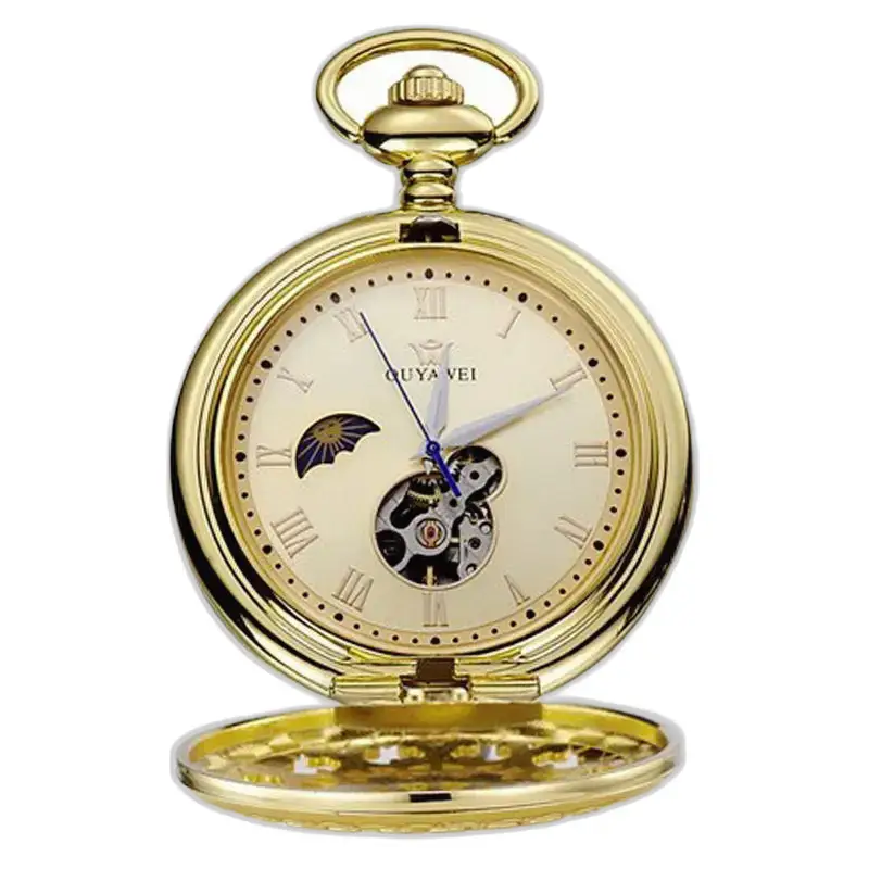 Luxe vintage heren mechanisch zakhorloge met zichtbaar gouden mechaniek