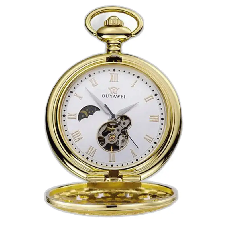 Luxe vintage heren mechanisch zakhorloge in elegant en verfijnd getint goud