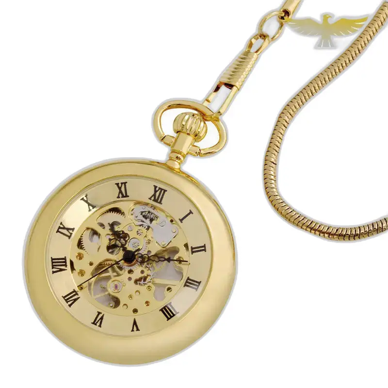 Modern mechanisch zakhorloge in goud met ketting en handopwindbare wijzer