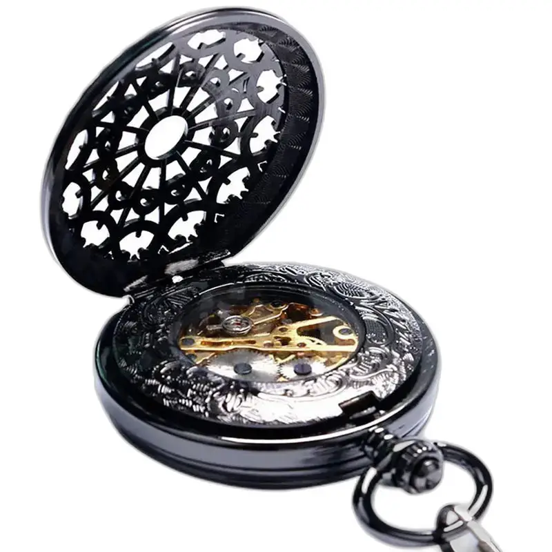 Chique zwart mechanisch zakhorloge met zichtbaar mechanisme en elegant ontwerp