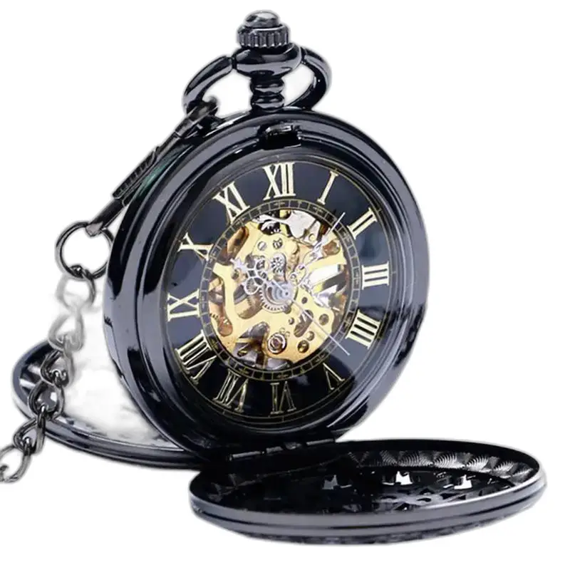 Chique zwart mechanisch zakhorloge, elegant en verfijnd zwart mechanisch zakhorloge