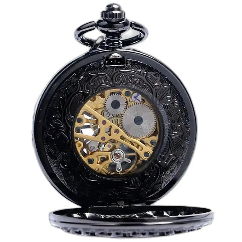 Chique zwart mechanisch zakhorloge, elegant en verfijnd zwart mechanisch zakhorloge