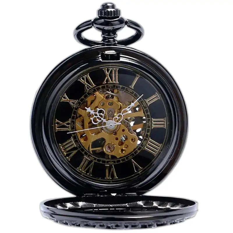 Chique zwart mechanisch zakhorloge, elegant zwart mechanisch zakhorloge