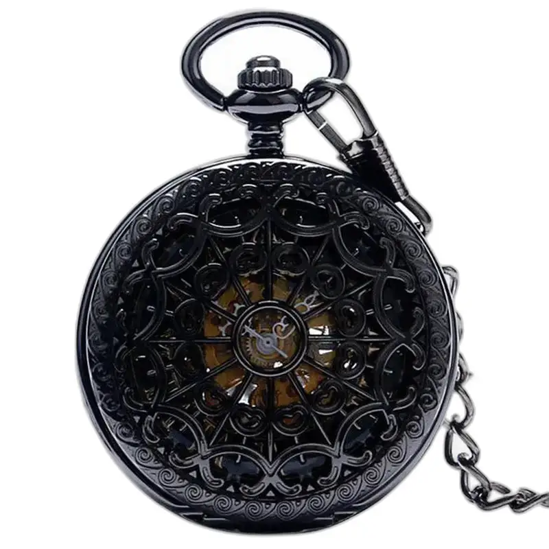 Chique zwart mechanisch zakhorloge met elegant en tijdloos zwart filigraan