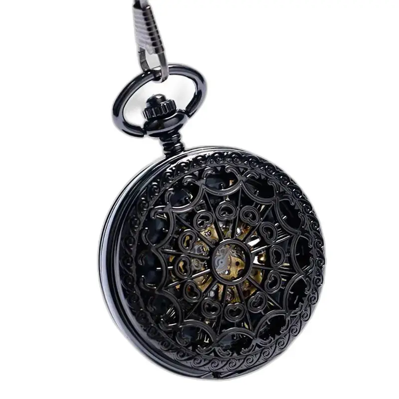 Chique zwart mechanisch zakhorloge met een elegant zwart filigraanontwerp
