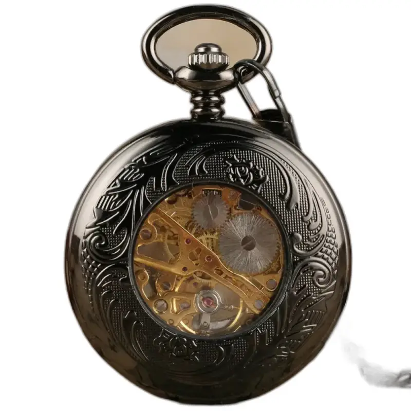 Zwart mechanisch zakhorloge voor heren, elegante en vintage zwarte mechanische zak