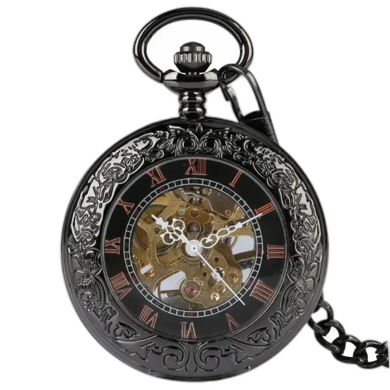 Zwart mechanisch zakhorloge voor heren met een elegant en vintage design
