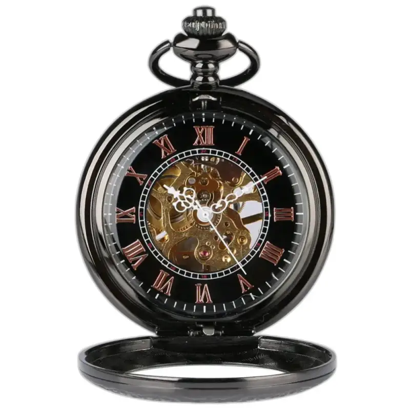 Zwart mechanisch zakhorloge voor heren met zichtbaar mechanisme en elegante stijl