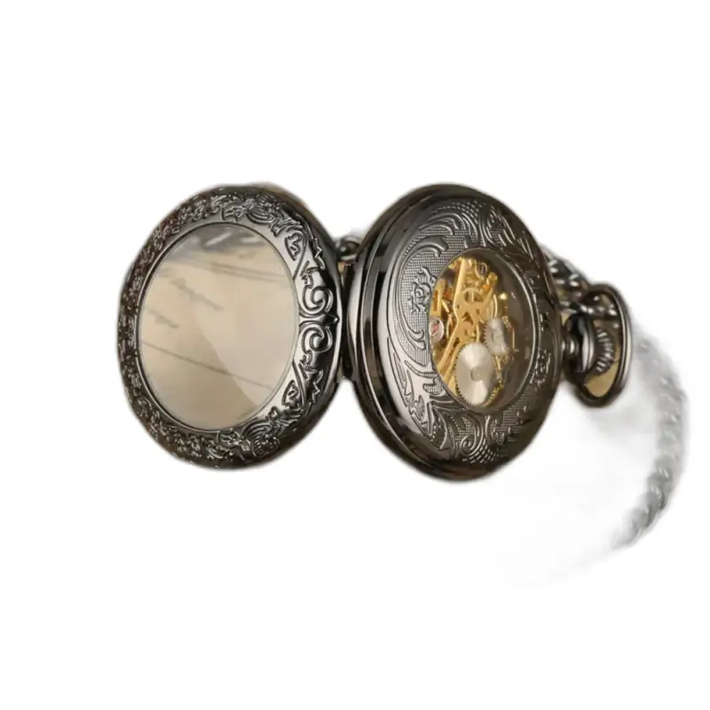 Zwart mechanisch zakhorloge voor heren, open en versierd, zwarte mechanische zak