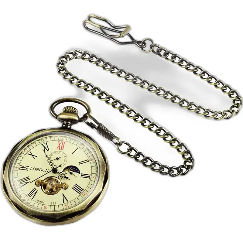 Luxe maanfase mechanisch zakhorloge met ketting in oude stijl