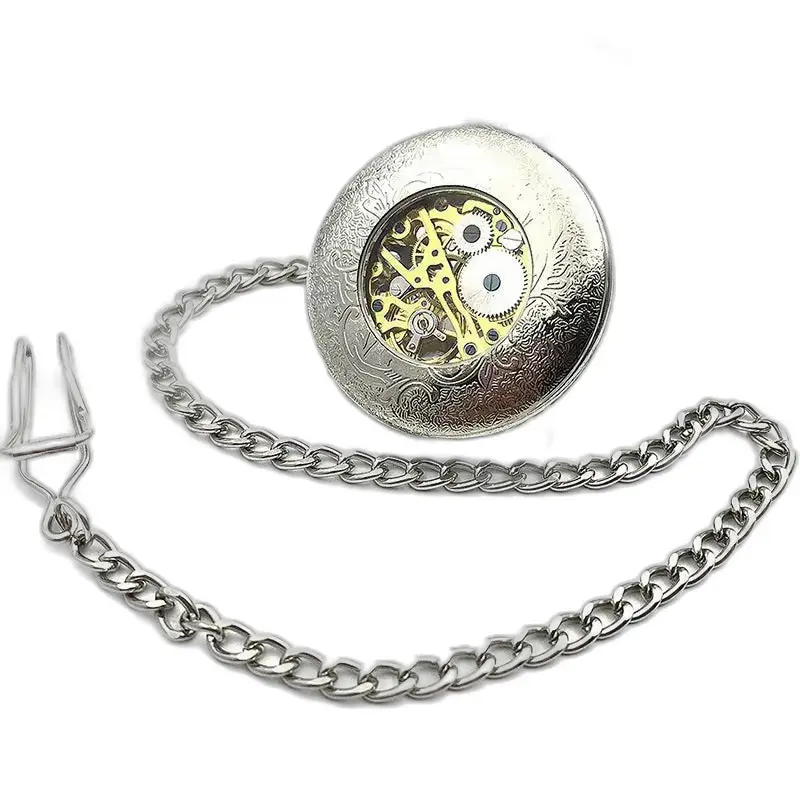Silver Flower Chic mechanisch zakhorloge met zichtbare tandwielen en ketting