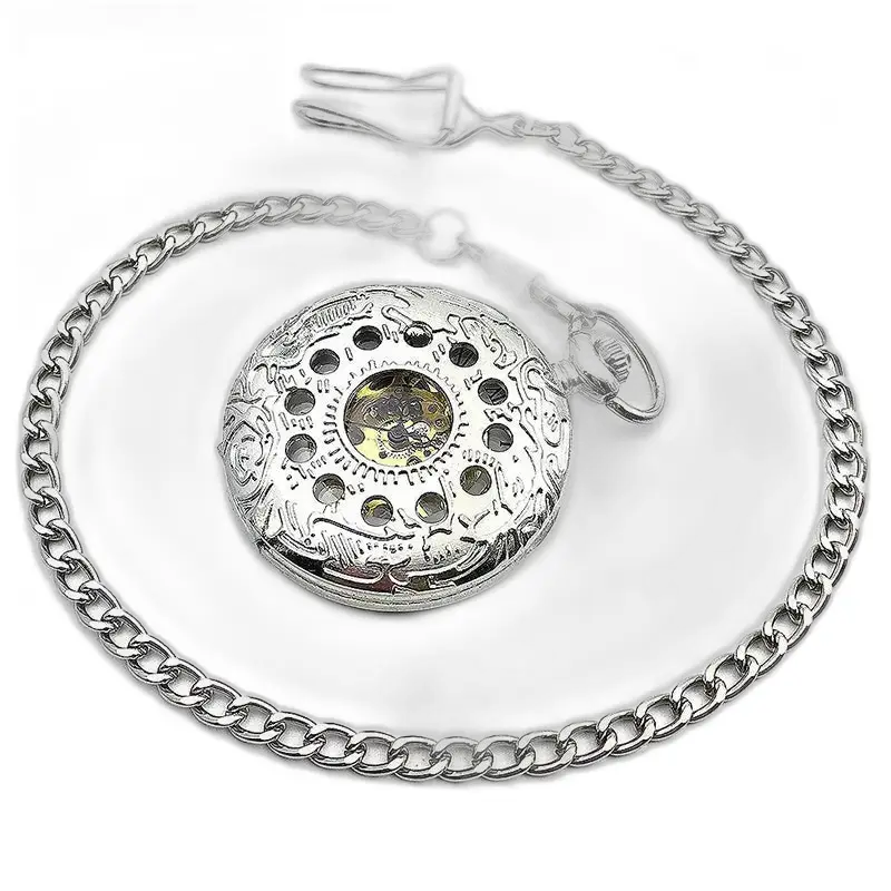 Zilverkleurig bloem chic mechanisch zakhorloge met elegante zilveren ketting