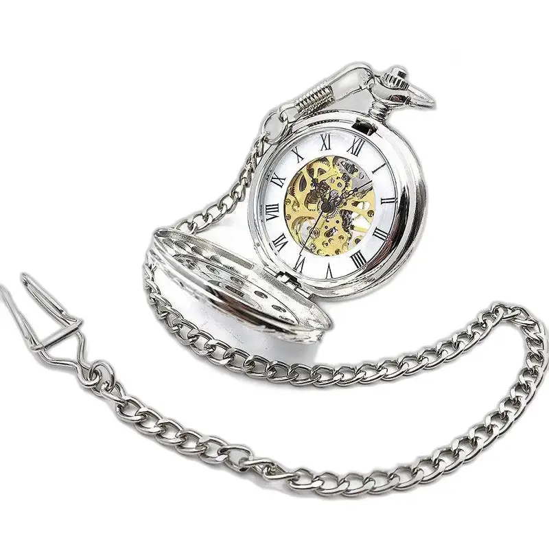 Chique mechanisch zakhorloge met zilveren bloem en elegante zilveren ketting