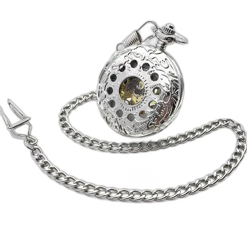 Zilverkleurig bloem chic mechanisch zakhorloge met elegante zilveren ketting