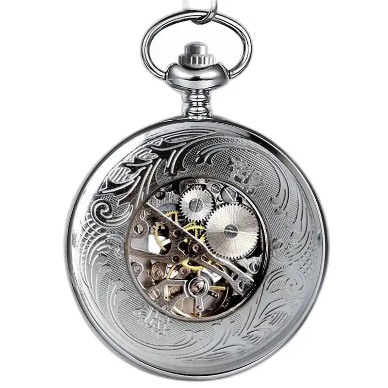 Luxe zilveren skelet mechanisch zakhorloge met zichtbaar mechanisme