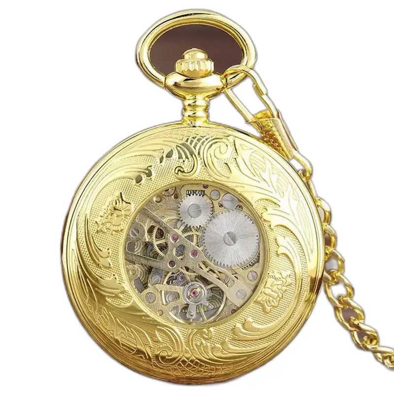 Mechanisch zakhorloge van transparant glas met een gouden mechanisch uurwerk