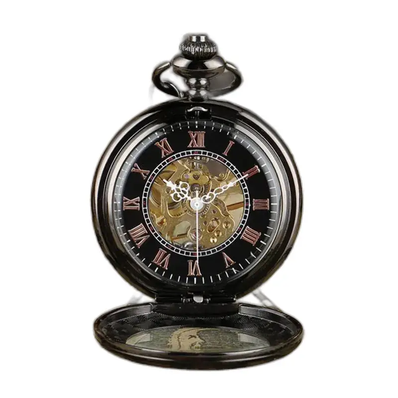 Mechanisch zakhorloge van transparant glas met zwart mechanisch uurwerk