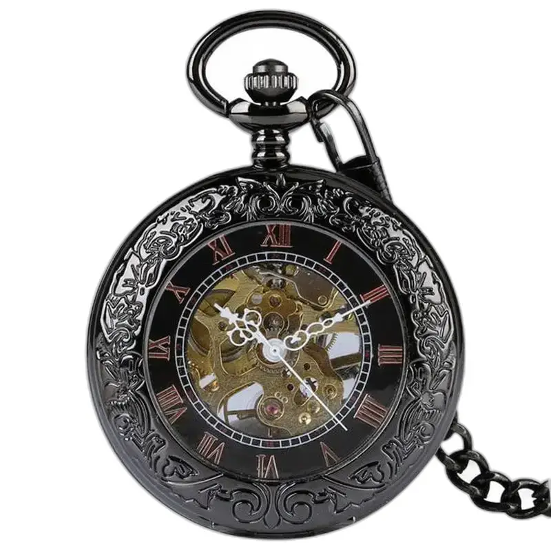 Chic mechanisch zakhorloge van transparant glas met elegant zwart mechanisch uurwerk