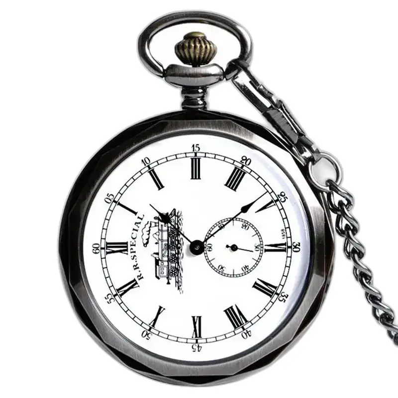 Zilverkleurig metalen zakhorloge met ketting en vintage mechanisch uurwerk