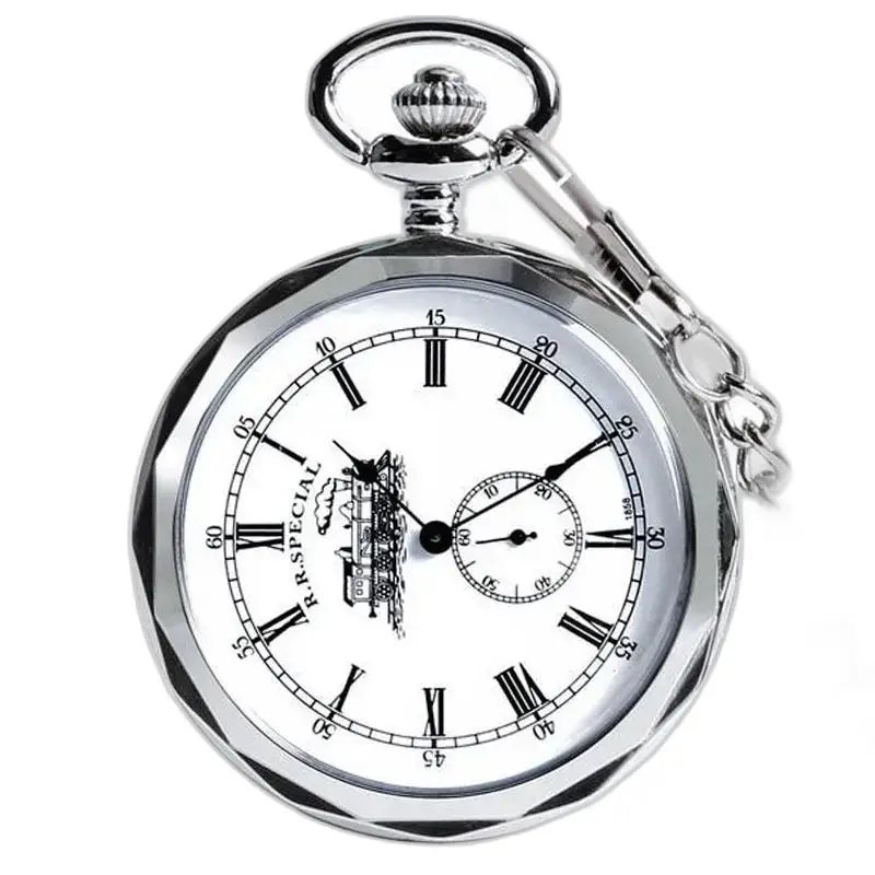 Zilveren zakhorloge met ketting, vintage mechanisch uurwerk voor dames en heren