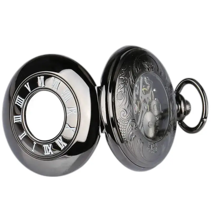 Modern chique zwart zakhorloge met open deksel en elegant ontwerp