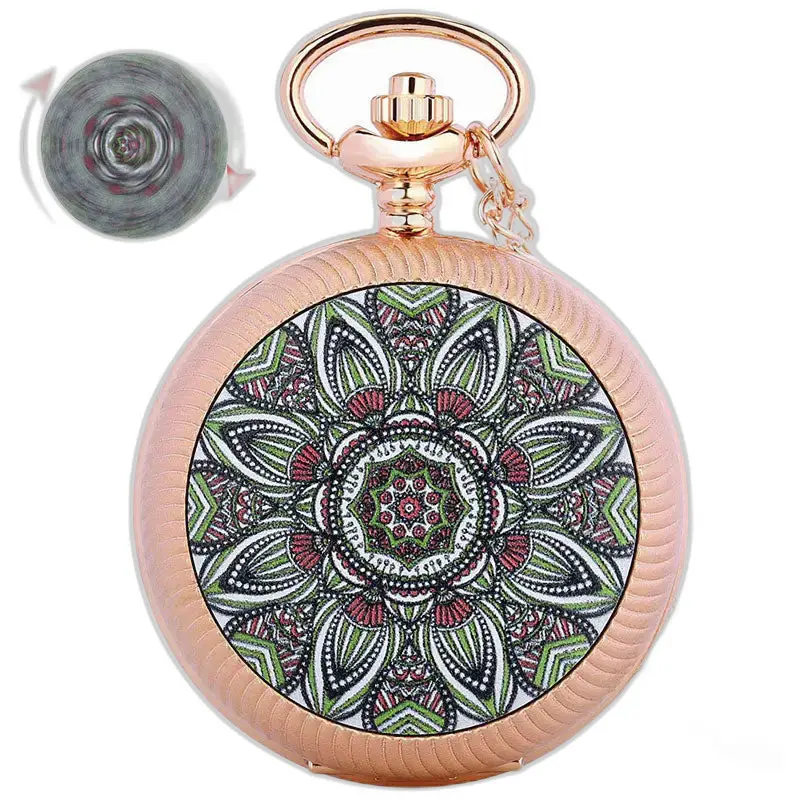 Smaragdgouden luxe zakhorloge met zilveren bloemen en een roségouden mandala-ontwerp