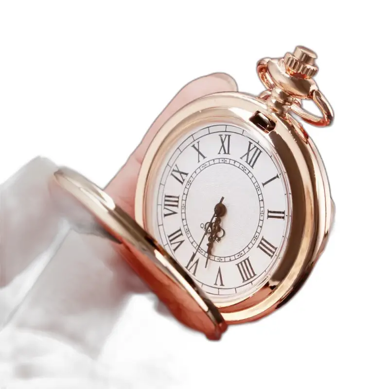 Gouden zakhorloge met Romeinse cijfers en rozenkwartsspiegel