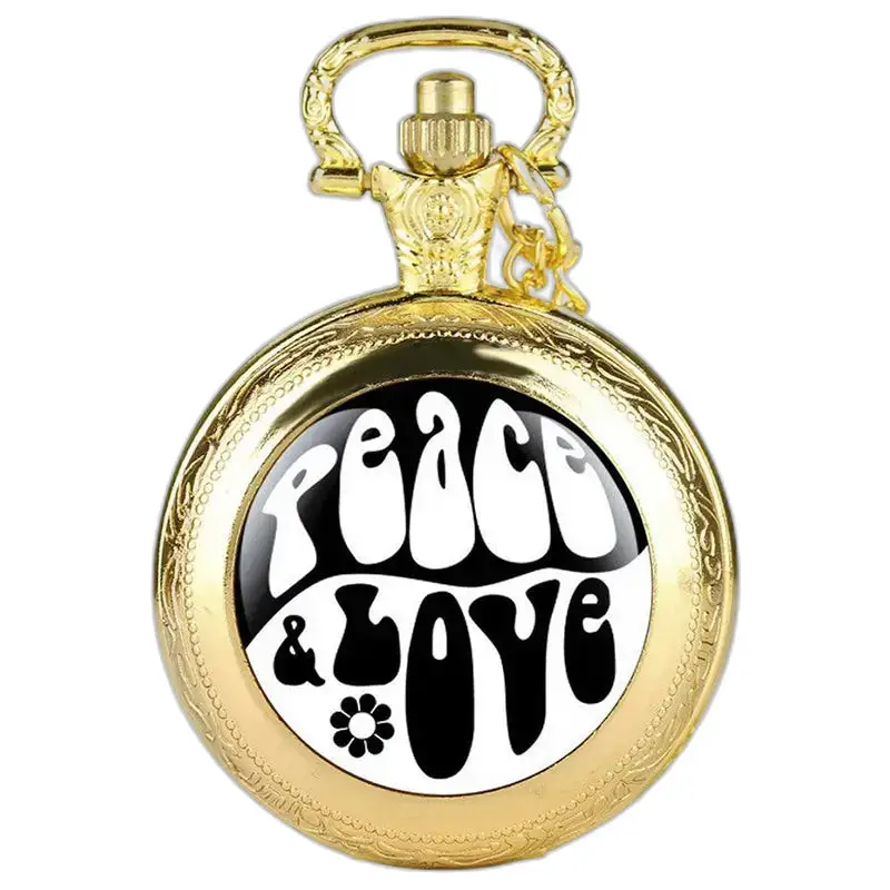 Montre à gousset en or avec design Peace & Love et longue chaîne élégante