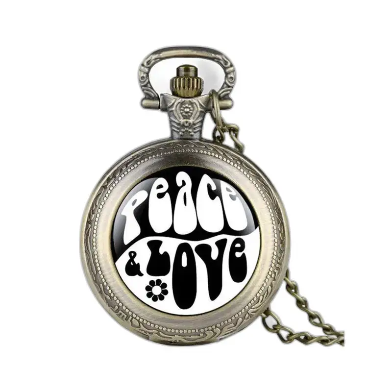 Vintage Peace & Love zakhorloge met lange ketting en artistiek ontwerp
