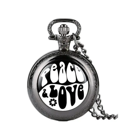 Zwart zakhorloge met Peace & Love design en elegante lange ketting