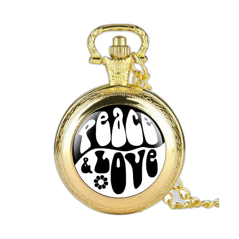 Gouden zakhorloge met Peace & Love design en elegante lange ketting