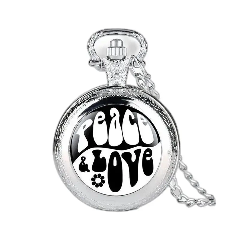Zilveren zakhorloge met Peace & Love design en elegante lange ketting