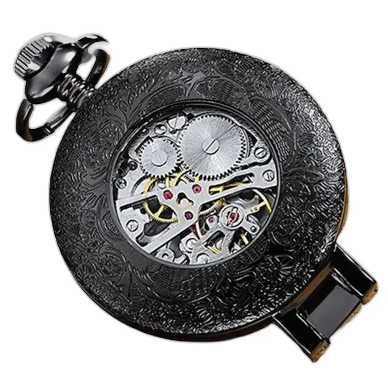 Antiek skelet luxe zakhorloge met zwarte kast en verfijnde details