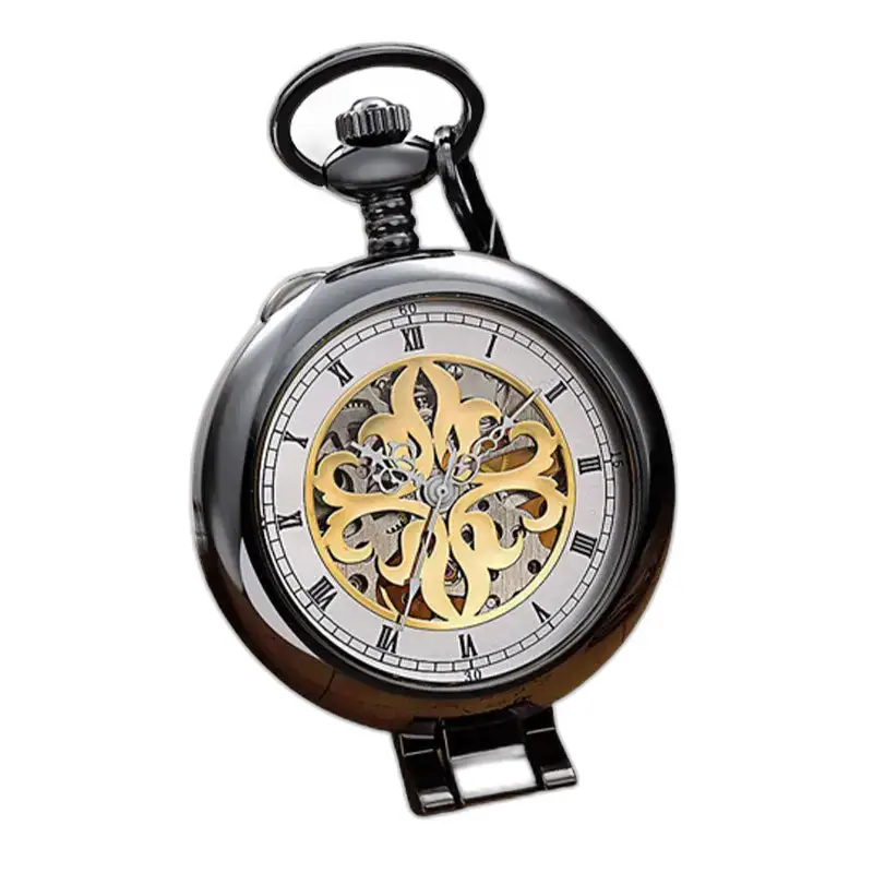 Antiek skelet luxe zakhorloge in zwart en goud, tijdloze elegantie