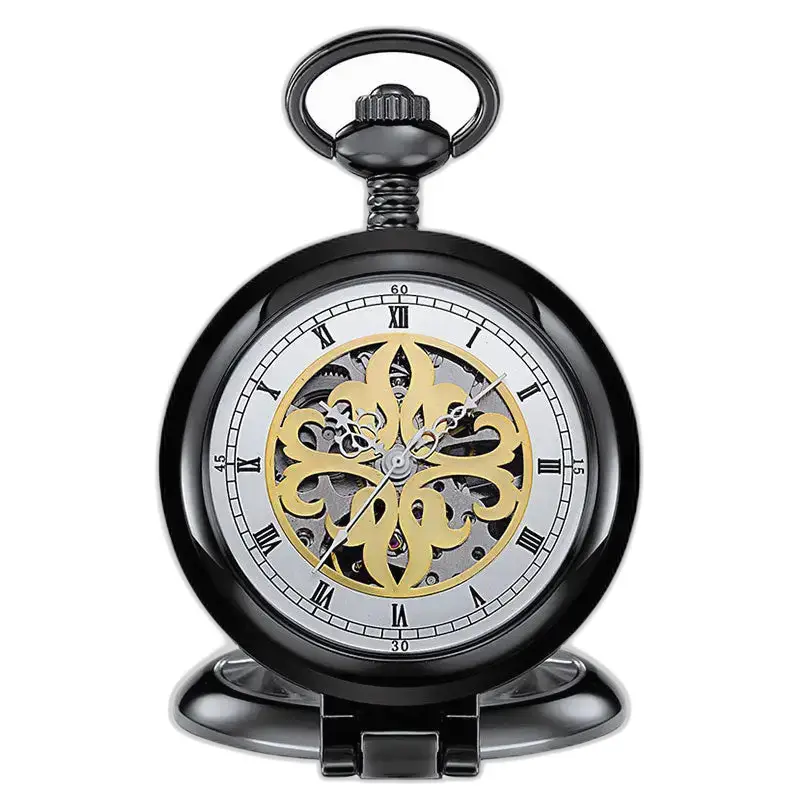 Antiek skelet luxe zakhorloge met zwarte en gouden afwerking