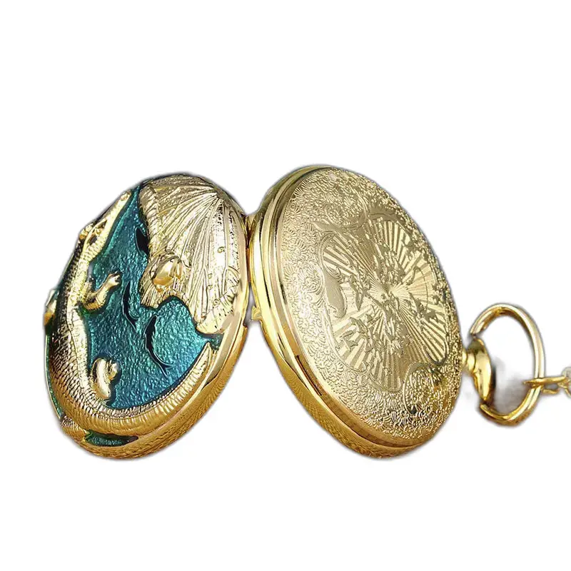 Poisson Bleu zakhorloge met witte parel en open gouden drakenmotief