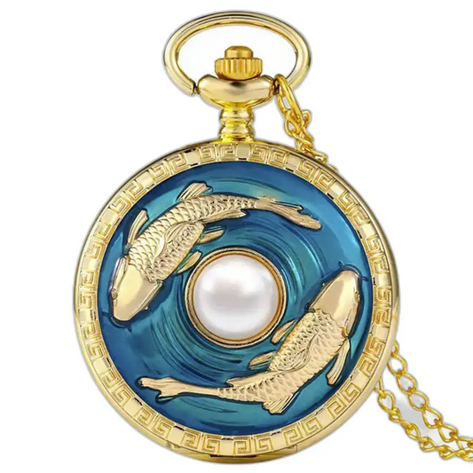 Poisson Bleu zakhorloge met witte parel en vismotief in reliëf