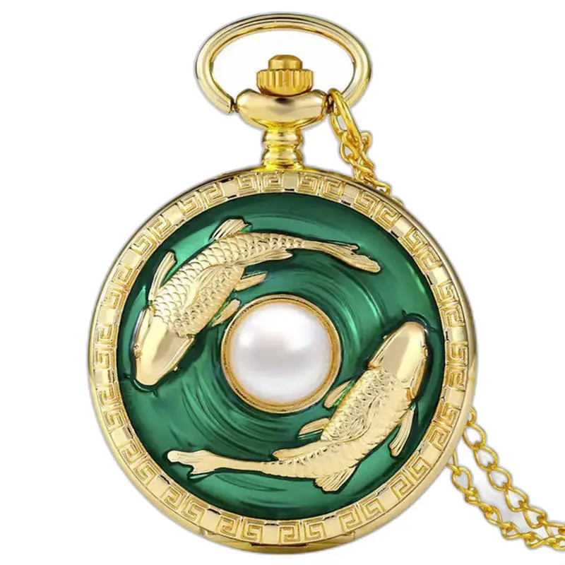 Blue Fish-zakhorloge met witte parel in goud en groen, koi-patroon
