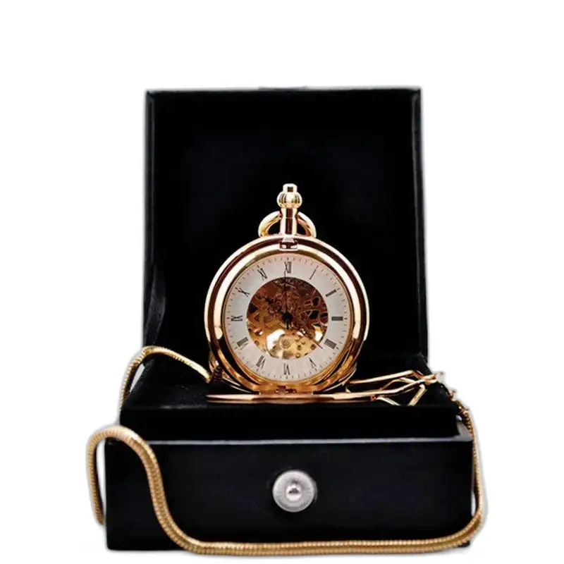 Koninklijk luxe dubbelchasseurzakhorloge in zwarte doos met gouden ketting