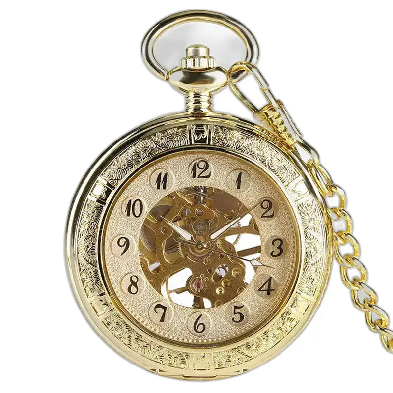 Koninklijk luxe mechanisch gouden zakhorloge met zichtbare tandwielen en ketting