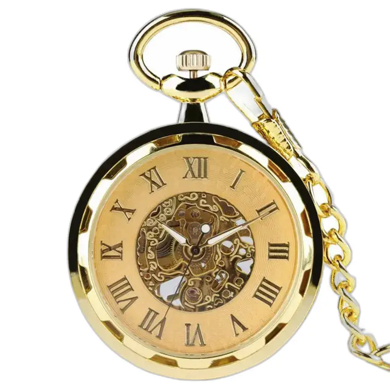 Goud stalen zakhorloge met ketting, luxe heren mechanisch skeleton zakhorloge
