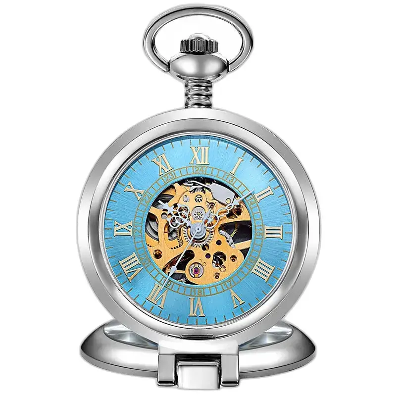 Montre à Gousset Squelette Mécanique Luxe Or avec cadran bleu et design poche antique