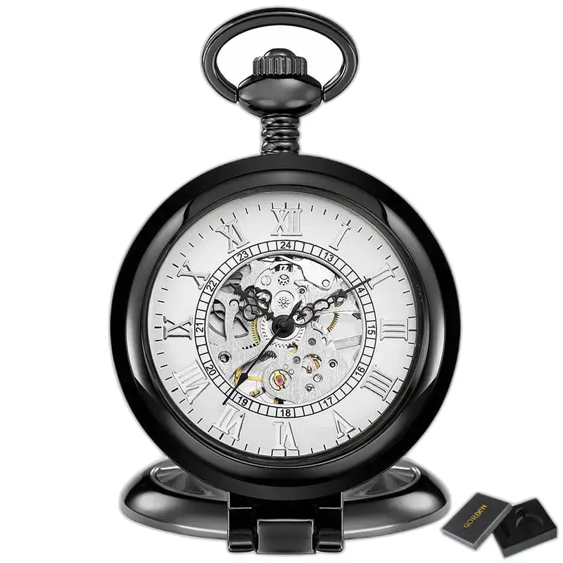 Luxe gouden mechanisch skeletzakhorloge, elegante zwarte skelet antieke zak